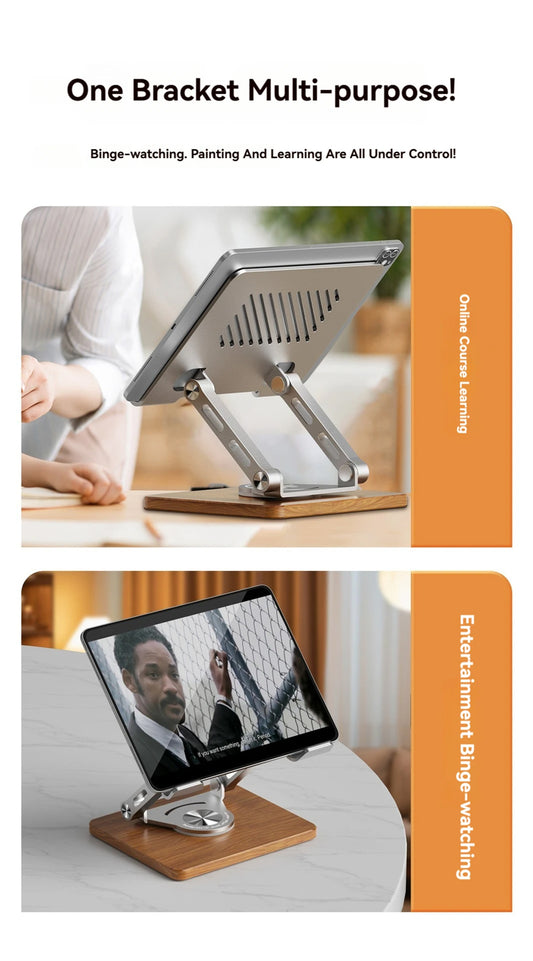 Holz Desktop Halterung mit 360° Rotation für Laptops und Tablets, faltbarer Metallständer in Silber