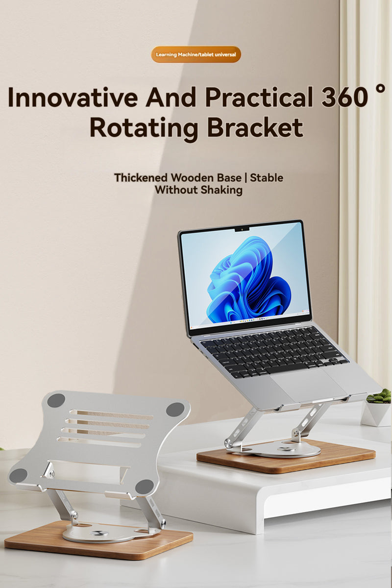 Holz Desktop Halterung mit 360° Rotation für Laptops und Tablets, faltbarer Metallständer in Silber