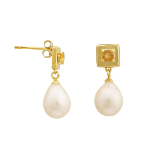 4 MM Citrine Stone & 9 MM Freshwater Pearl Vienna Drop Earrings - Shopgalaxy