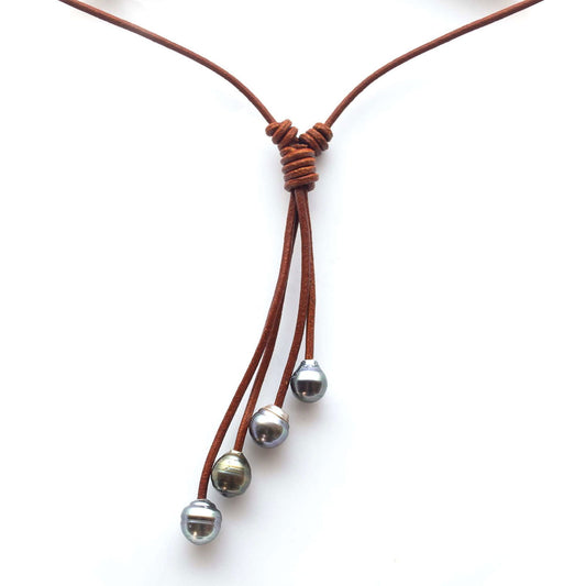 4 Natural Tahitian Pearl Necklace on Leather String – Sunshine Necklace (9-11mm) - Shopgalaxy