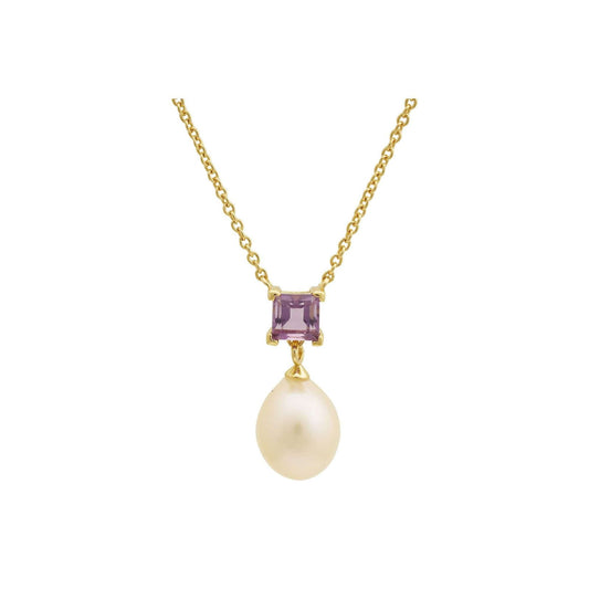 5 MM Amethyst Stone & 9 - 9.5 MM Freshwater Pearl Venice Pendant 24 CT Gold Plated Silver 925 Setting - Shopgalaxy