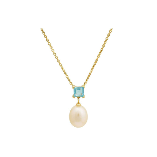 5 MM Blue Topaz Square Cut Stone & 9 - 9.5 MM Freshwater Pearl Venice Drop Pendant Necklace - Adjustable Chain in 24 CT Silver 925 Setting - Shopgalaxy