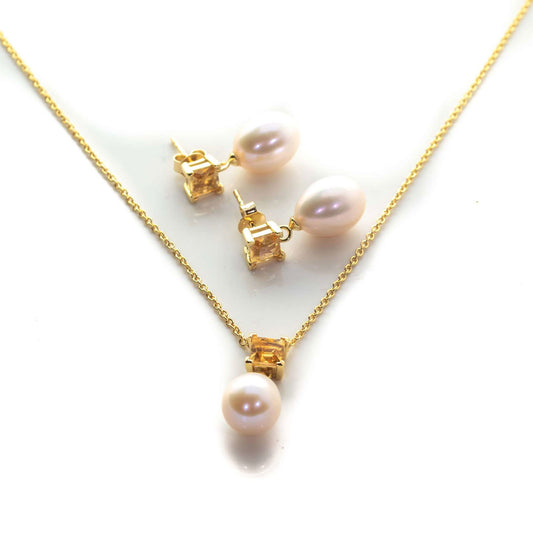 5 MM Citrine Stone & 9 MM Cultured Freshwater Pearl Ankara Set - Shopgalaxy