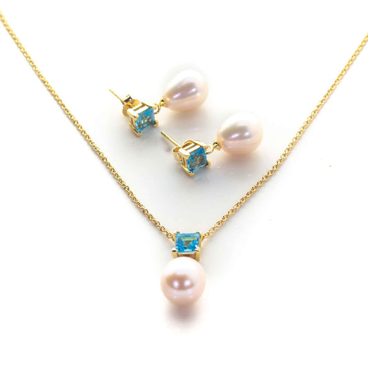 5 MM Swiss Blue Topaz Stone & 9 MM Cultured Freshwater Pearl Ankara Set - Shopgalaxy