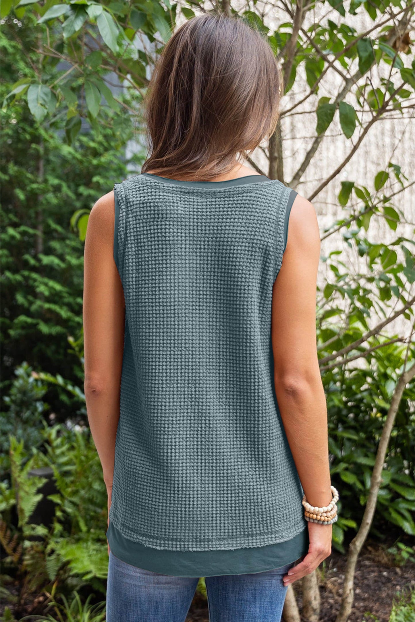 Philippine Gray Scoop Neck Waffle Knit Flowy Vest