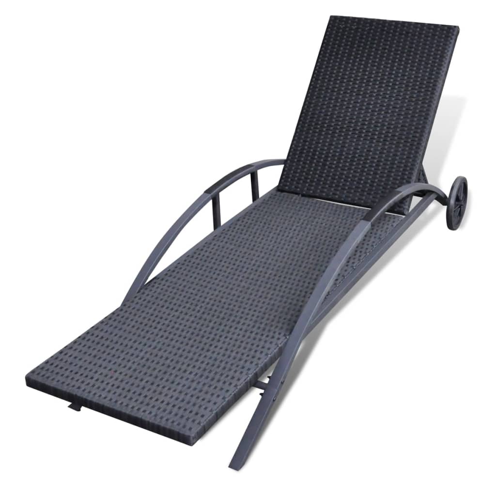Solseng med pude og hjul Poly Rattan Sort
