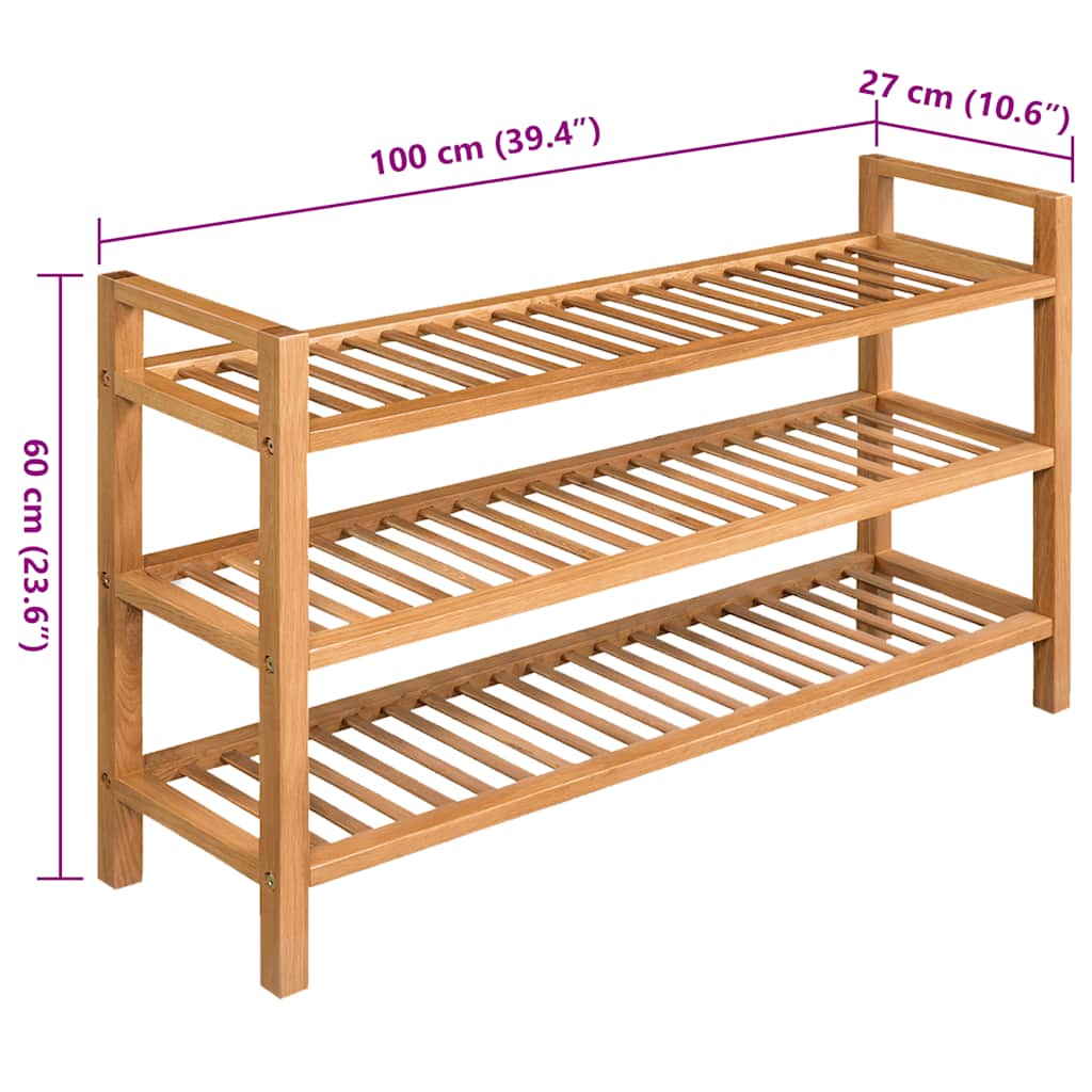 Schuhregal mit 3 Etagen 100x27x60 cm Massivholz Eiche