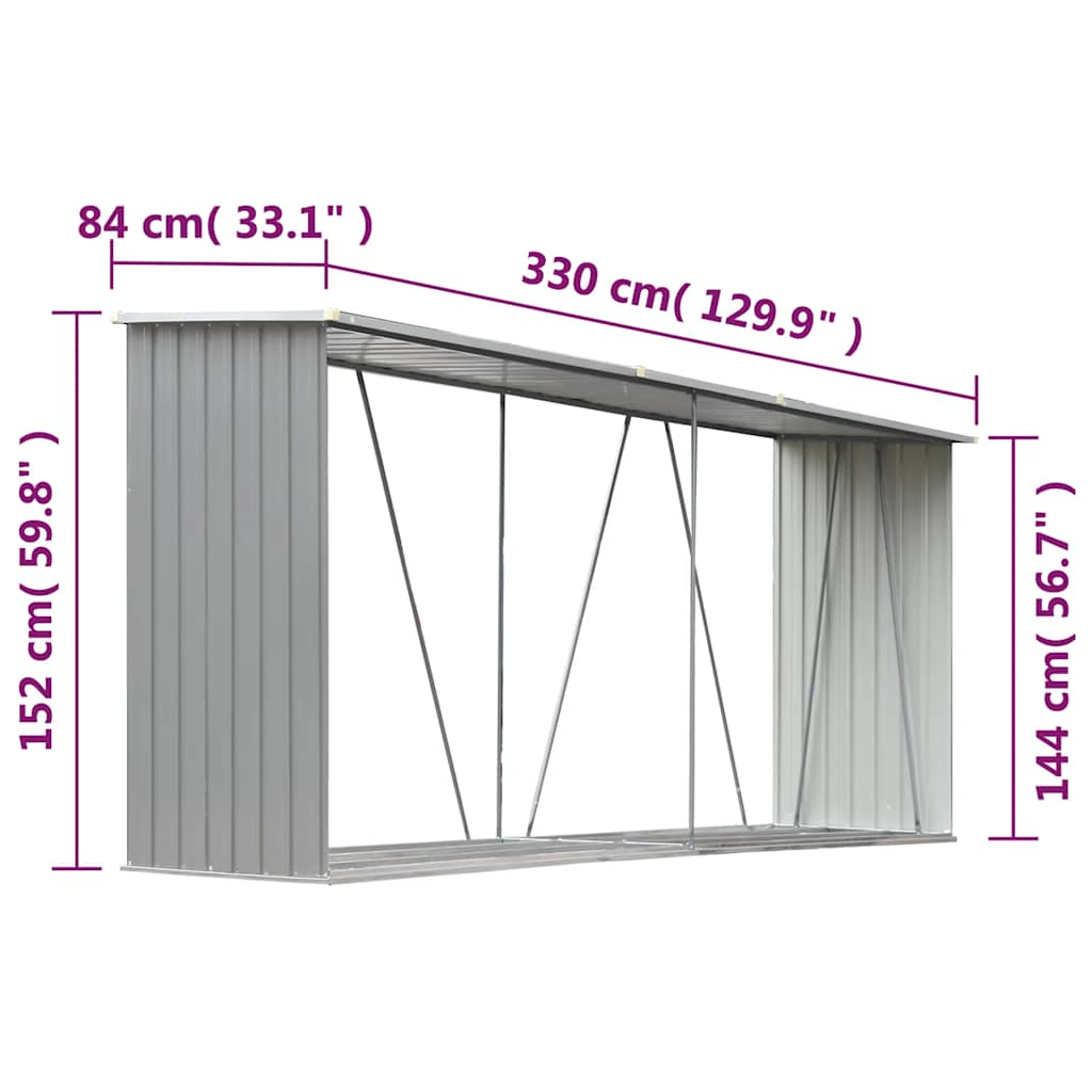 Brændelager af galvaniseret stål 330x84x152 cm Grå