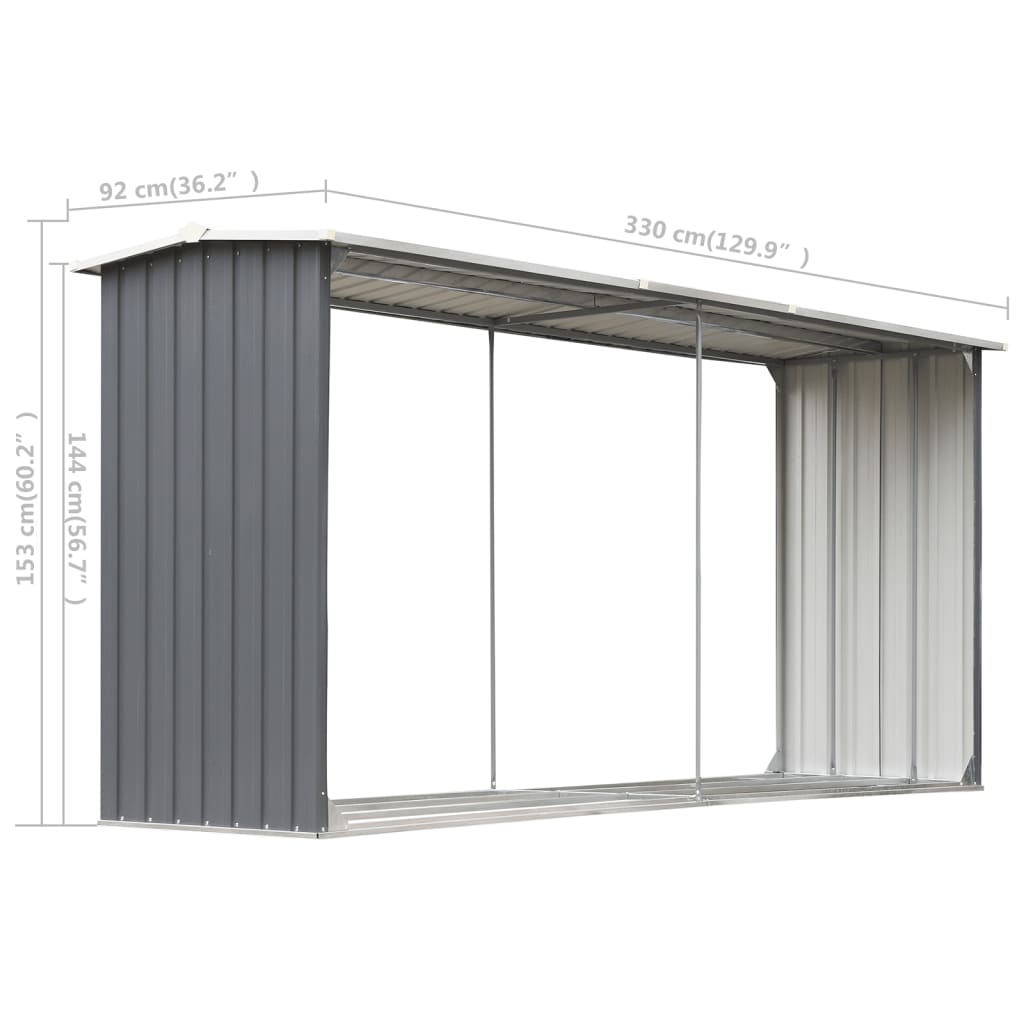 Brændelager af galvaniseret stål 330 x 92 x 153 cm Grå