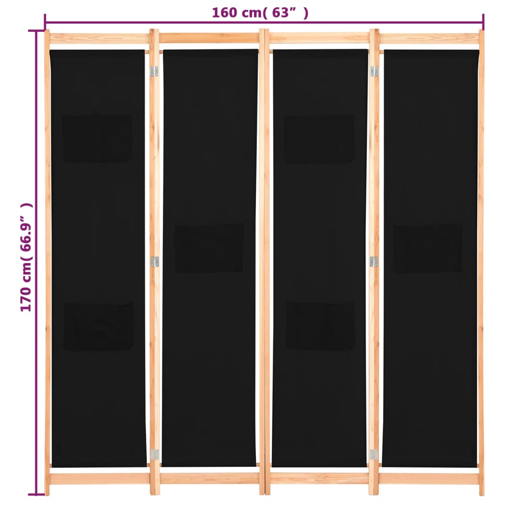 4-delt rumdeler sort 160 x 170 x 4 cm stof