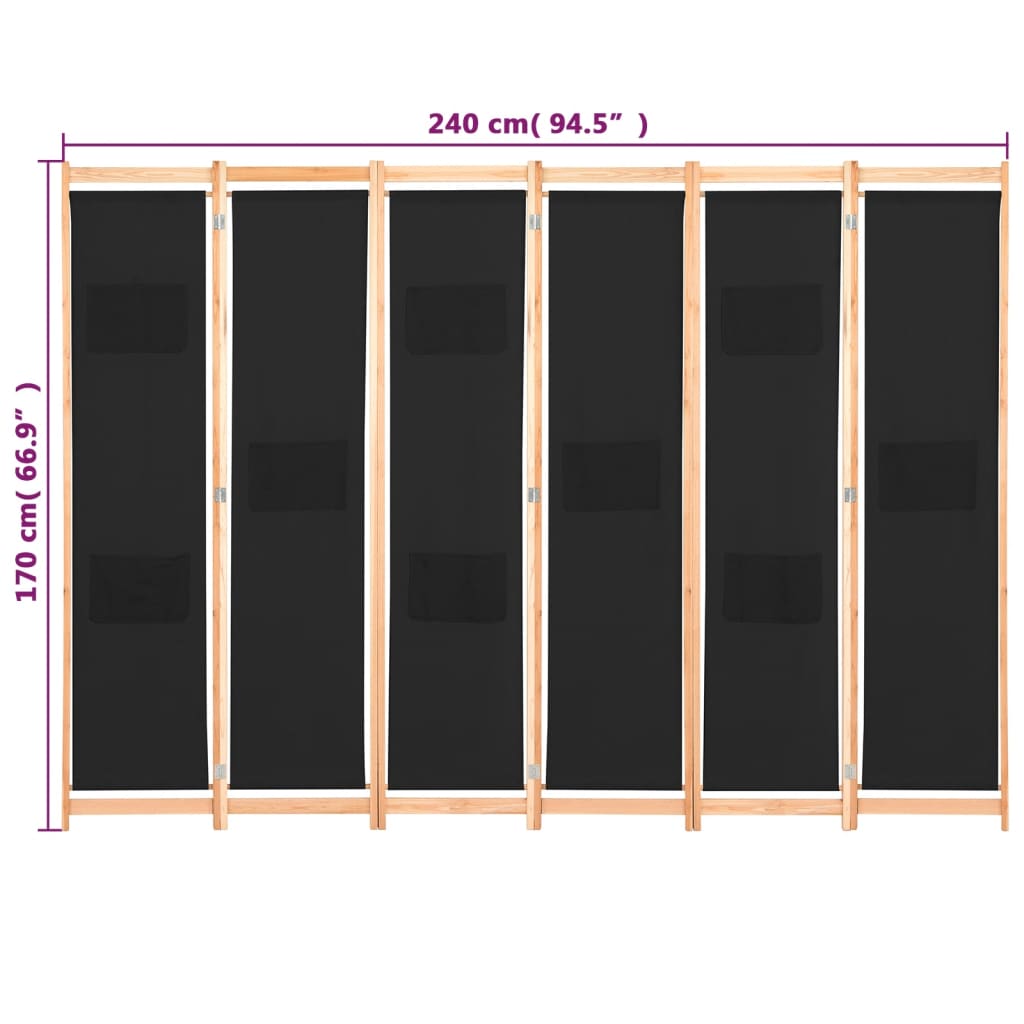 6-delt rumdeler sort 240 x 170 x 4 cm stof