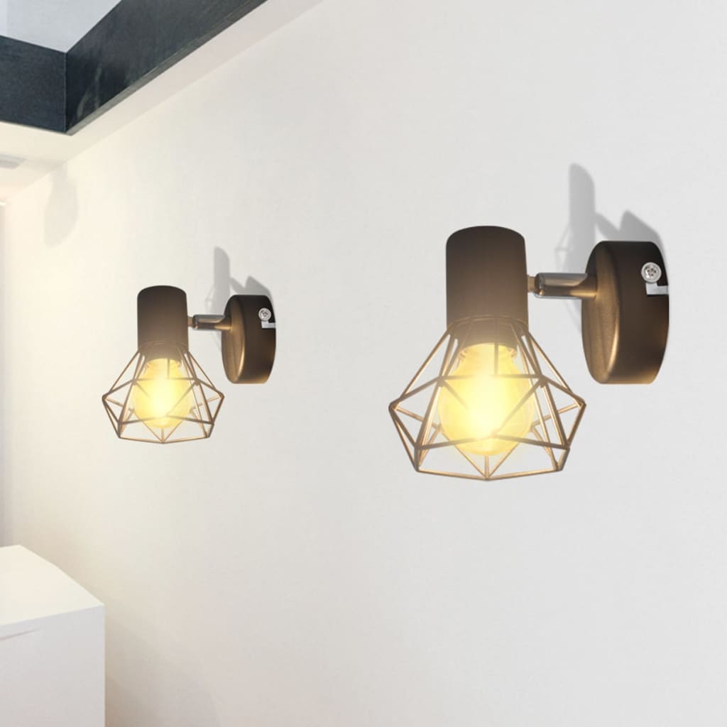 Væglamper 2 stk. LED-pære Industriel Trådskærm Sort
