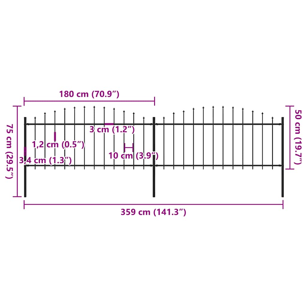 Gartenzaun mit Speerspitzen Stahl (0,5 - 0,75) x 3,4 m Schwarz