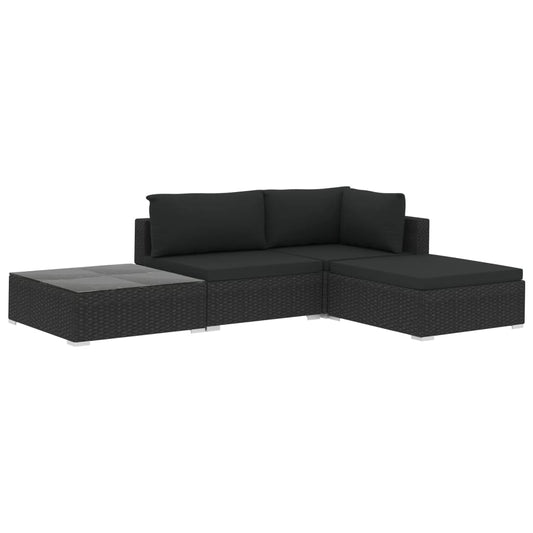 4-tlg. Garten-Lounge-Set mit Auflagen Poly Rattan Schwarz