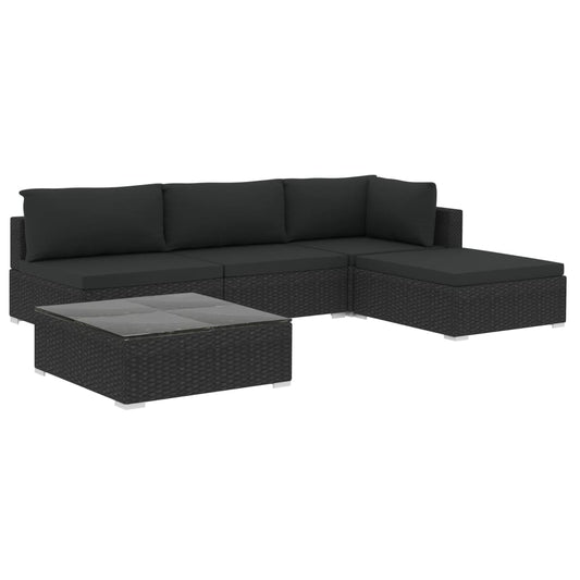 5-tlg. Garten-Lounge-Set mit Auflagen Poly Rattan Schwarz