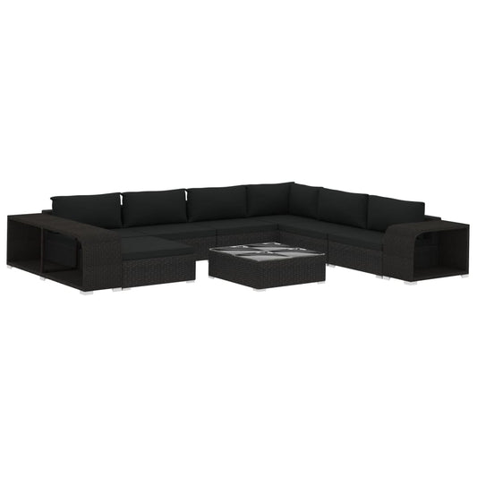 10-tlg. Garten-Lounge-Set mit Auflagen Poly Rattan Schwarz