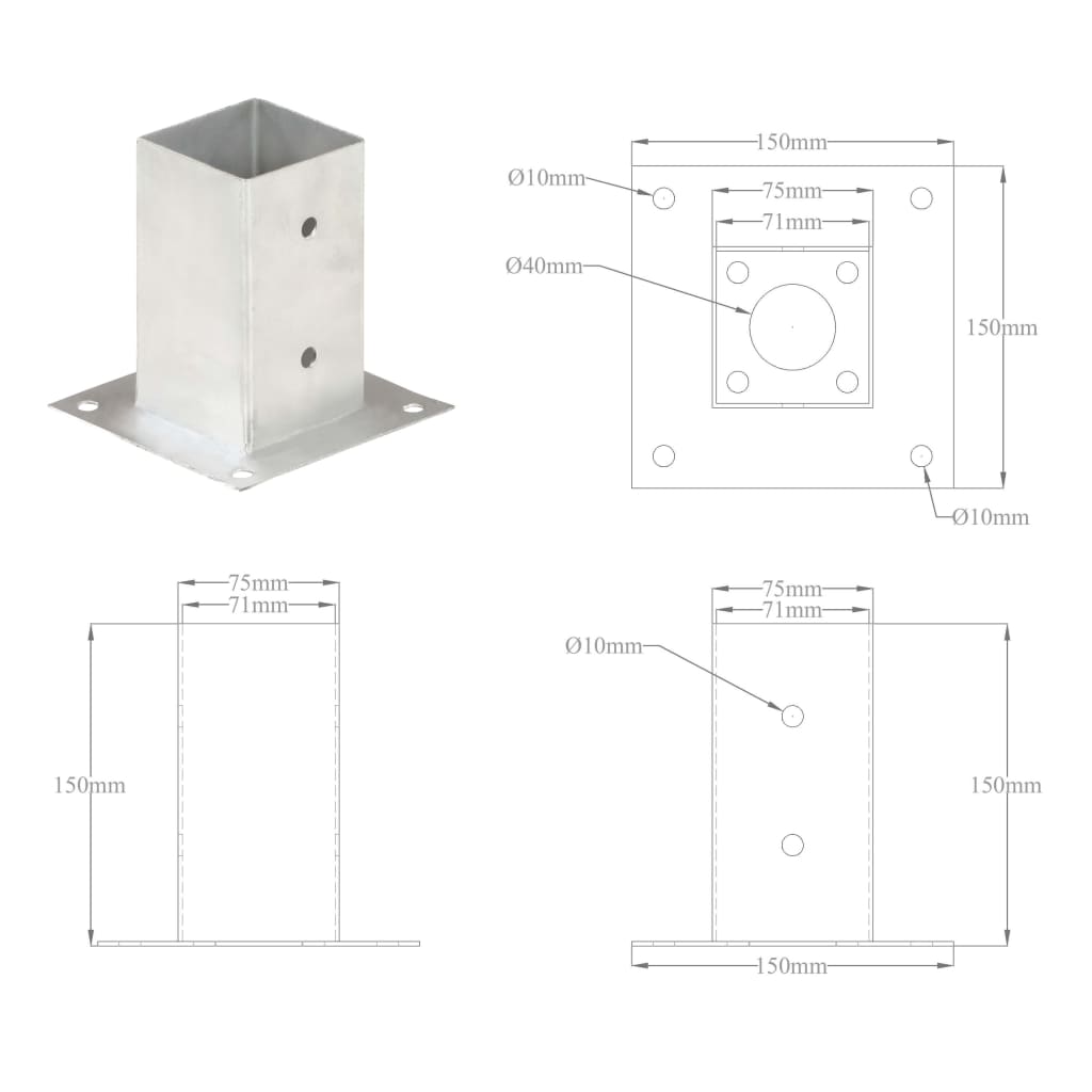 Stolpeanker 4 stk Galvaniseret metal 71 mm