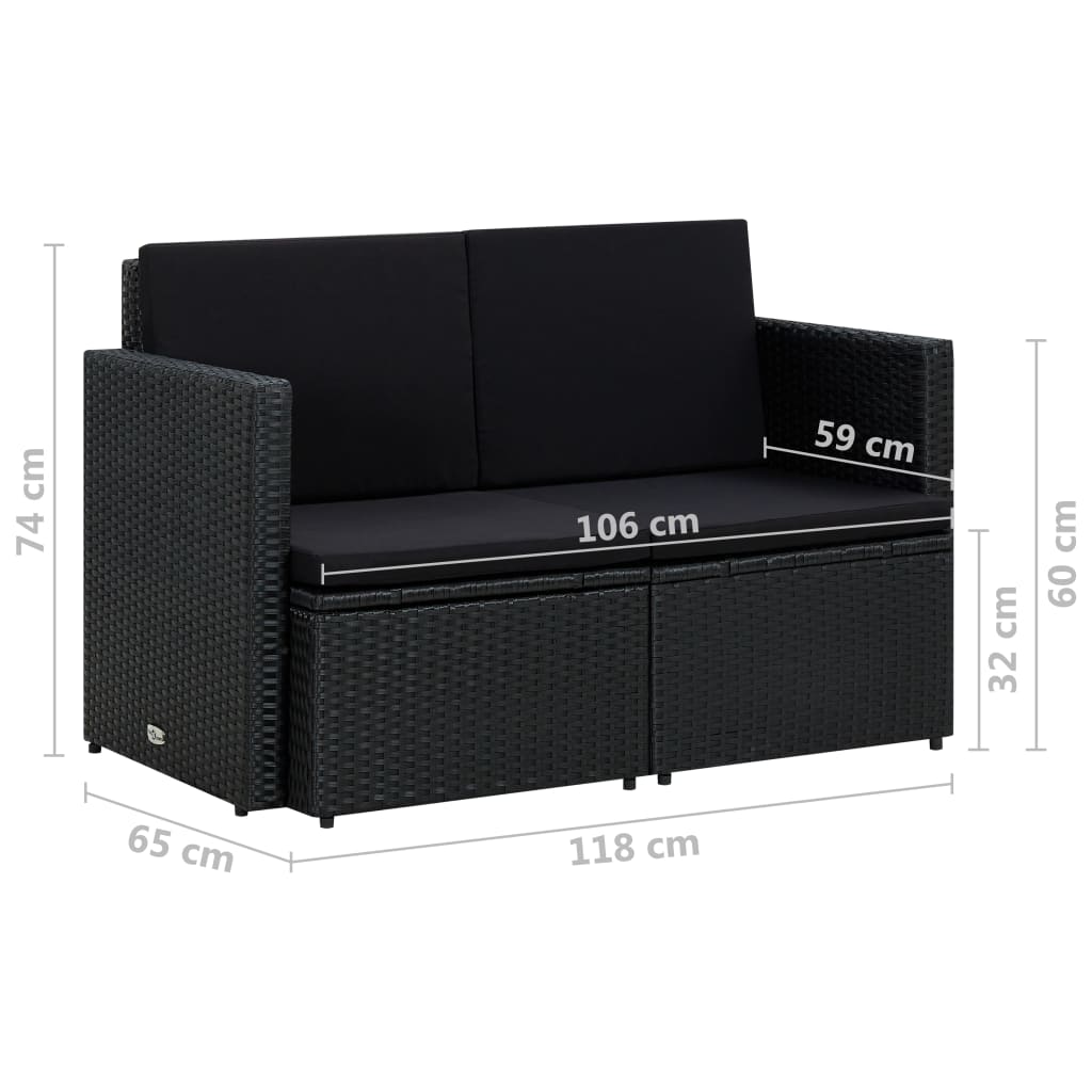 2-personers havesofa med hynder i sort polyrattan
