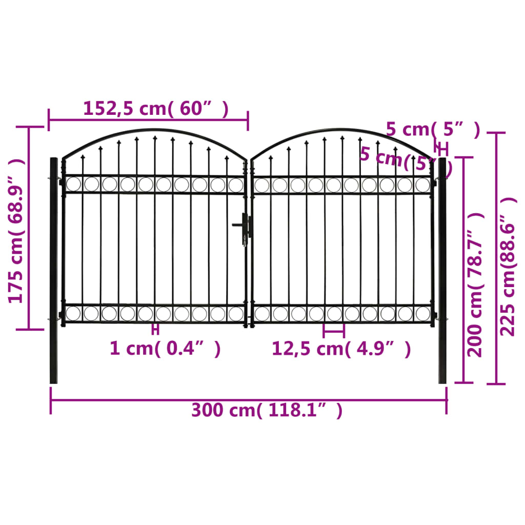 Hegnslåge Dobbeltfløjet Buet Top Stål 300x175 cm Sort