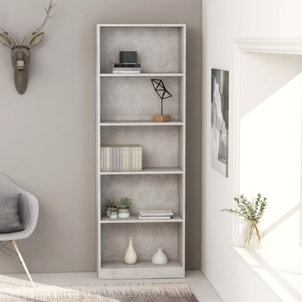Reol 5 rum betongrå 60x24x175 cm træmateriale