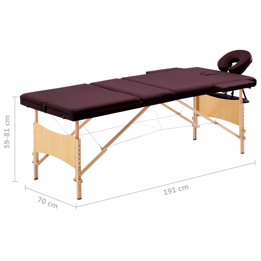 Massageliege Klappbar 3-Zonen mit Holzgestell Bordeaux-Lila