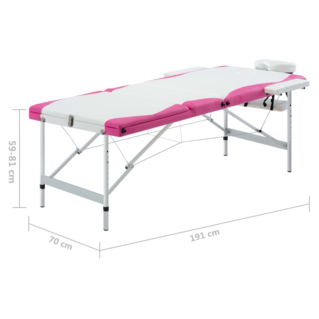 Massageliege Klappbar 3-Zonen Aluminiumgestell Weiß und Rosa