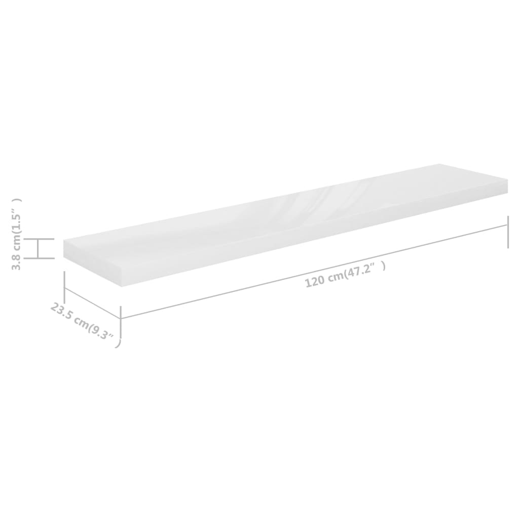 Flydende hylder 4 stk Højglans hvid 120x23,5x3,8 cm MDF