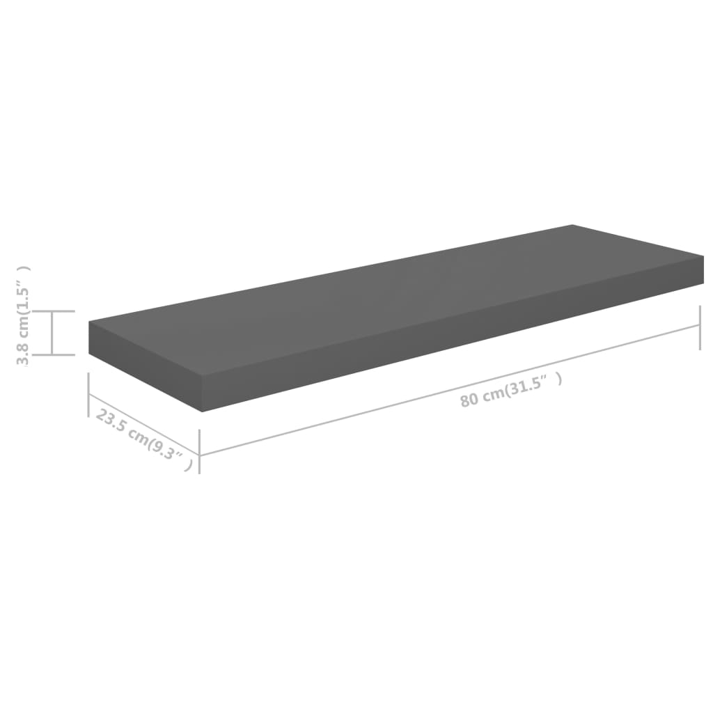 Flydende hylder 4 stk Grå højglans 80x23,5x3,8 cm MDF