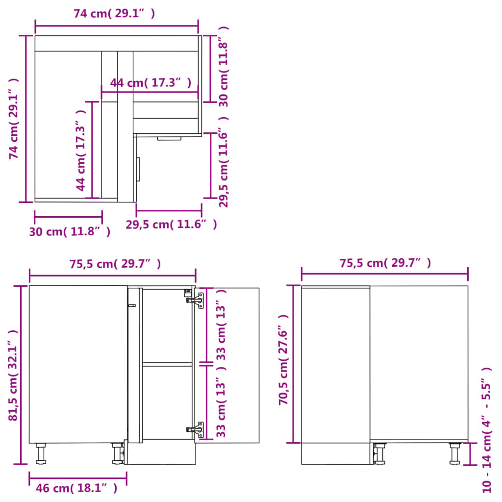 Eckunterschrank Lyon Betongrau 75,5x75,5x81,5 cm Holzwerkstoff