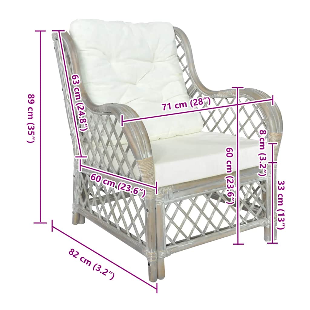 Sessel mit Kissen Grau Natürliches Rattan und Leinen