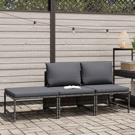 3-tlg. Garten-Sofagarnitur mit Kissen Grau Poly Rattan
