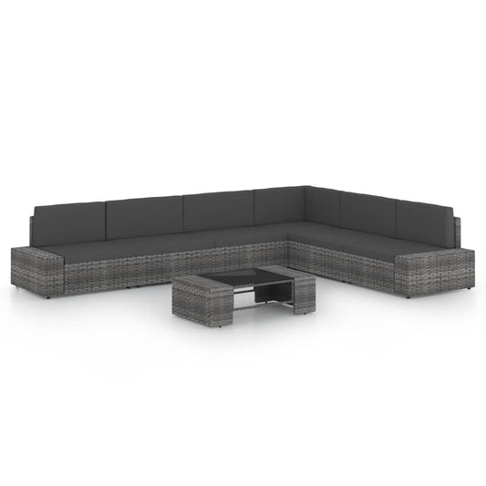 7-tlg. Garten-Lounge-Set mit Kissen Grau Poly Rattan