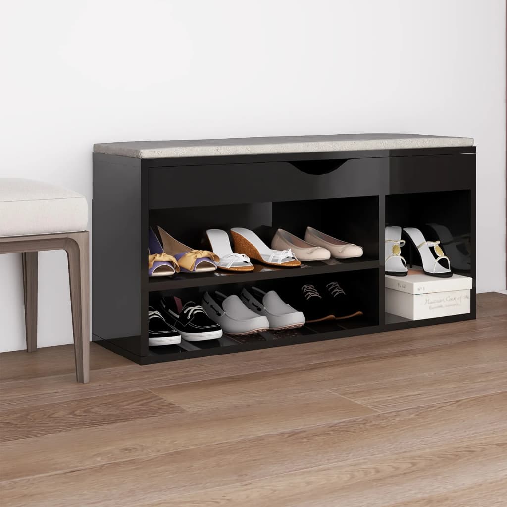 Schuhbank mit Kissen Hochglanz-Schwarz 104x30x49cm