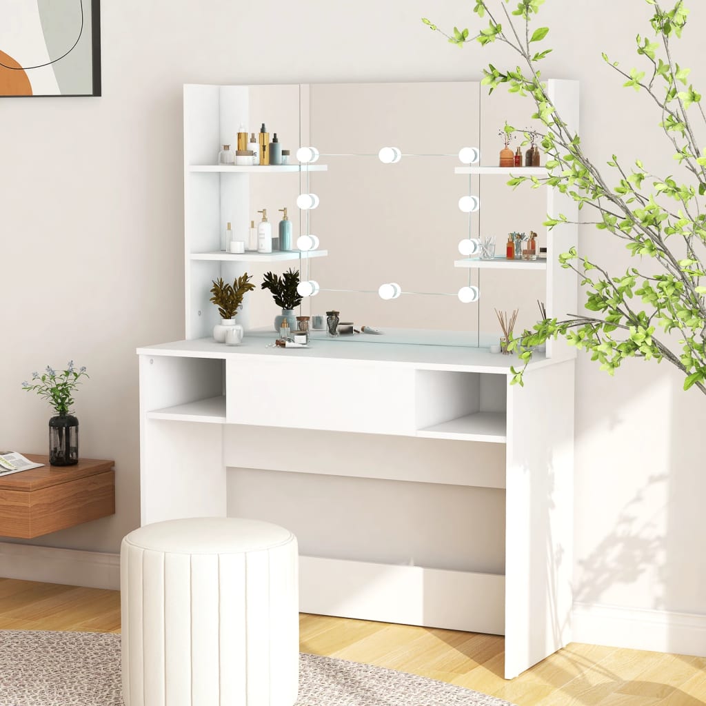 Toiletbord med LED-belysning 100x40x135 cm MDF Hvid