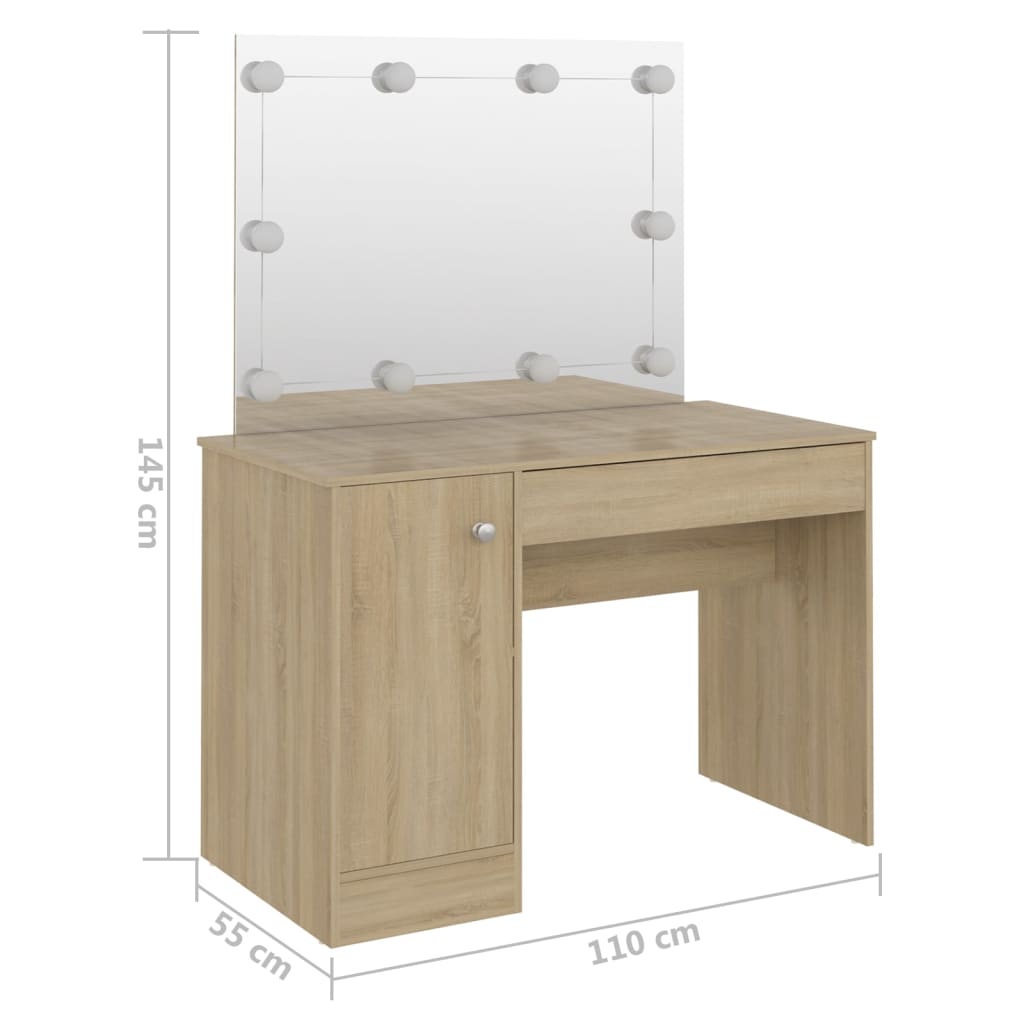 Toiletbord med LED-belysning 110x55x145 cm MDF eg look