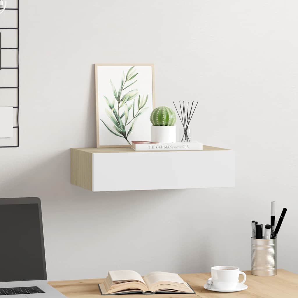 Wandregal mit Schublade Eichen-Optik und Weiß 40x23,5x10 cm MDF