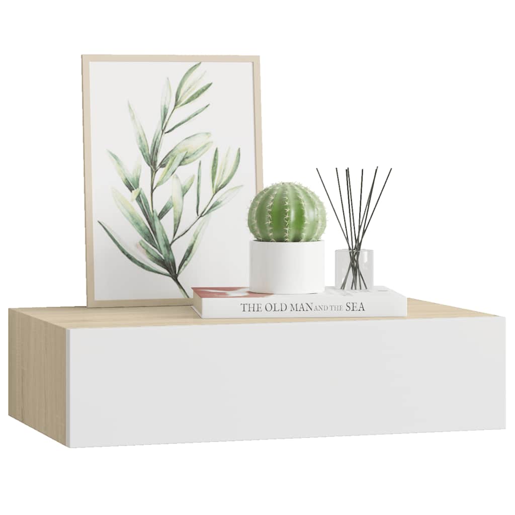 Wandregal mit Schublade Eichen-Optik und Weiß 40x23,5x10 cm MDF