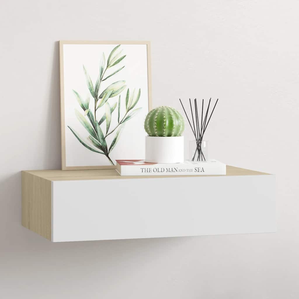 Wandregal mit Schublade Eichen-Optik und Weiß 40x23,5x10 cm MDF