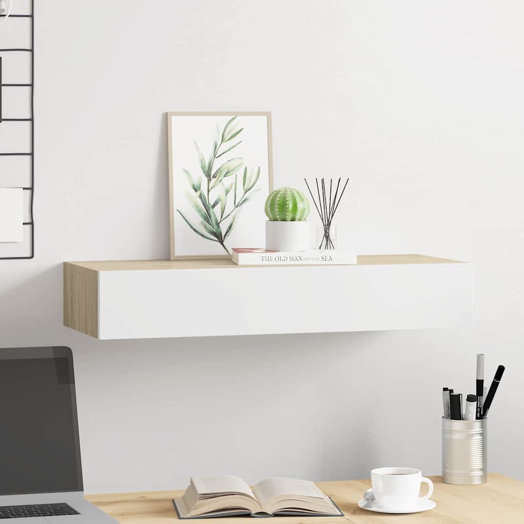 Wandregal mit Schublade Eichen-Optik und Weiß 60x23,5x10 cm MDF