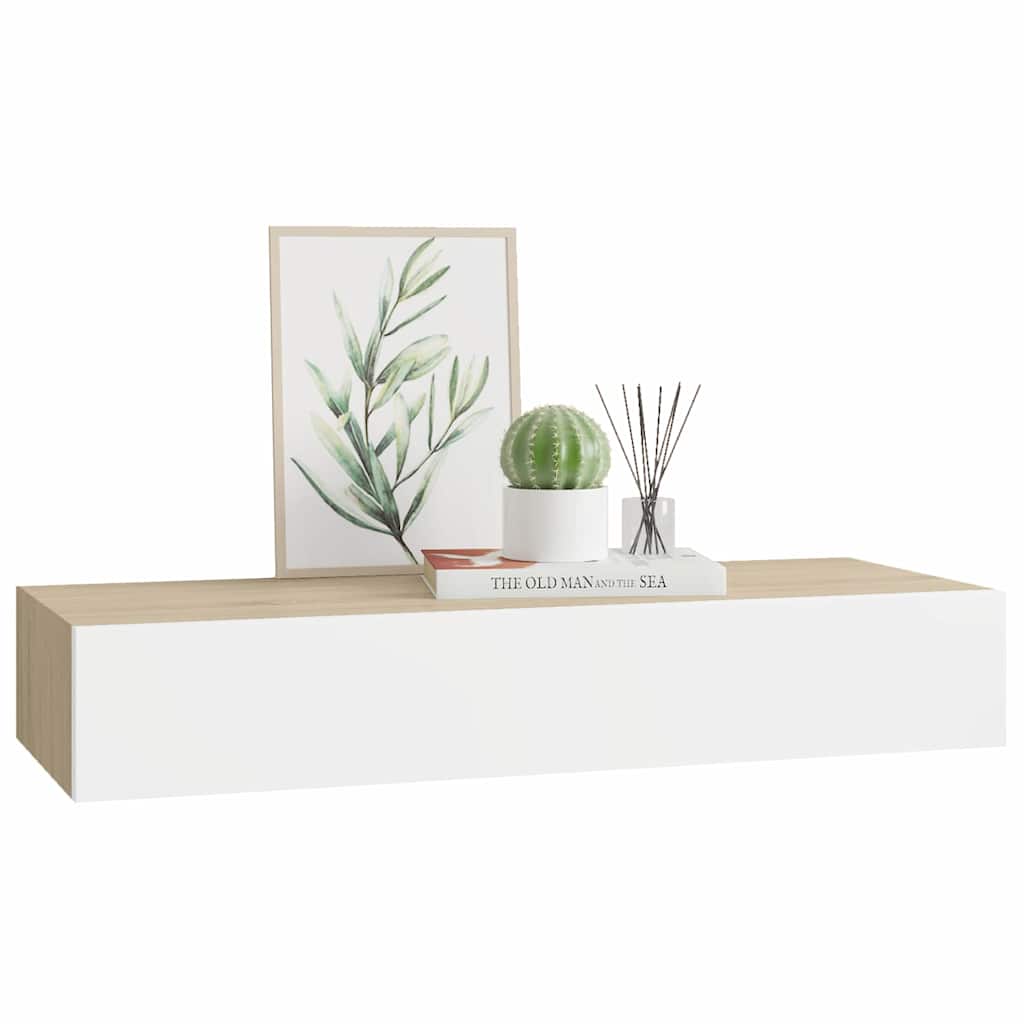 Wandregal mit Schublade Eichen-Optik und Weiß 60x23,5x10 cm MDF