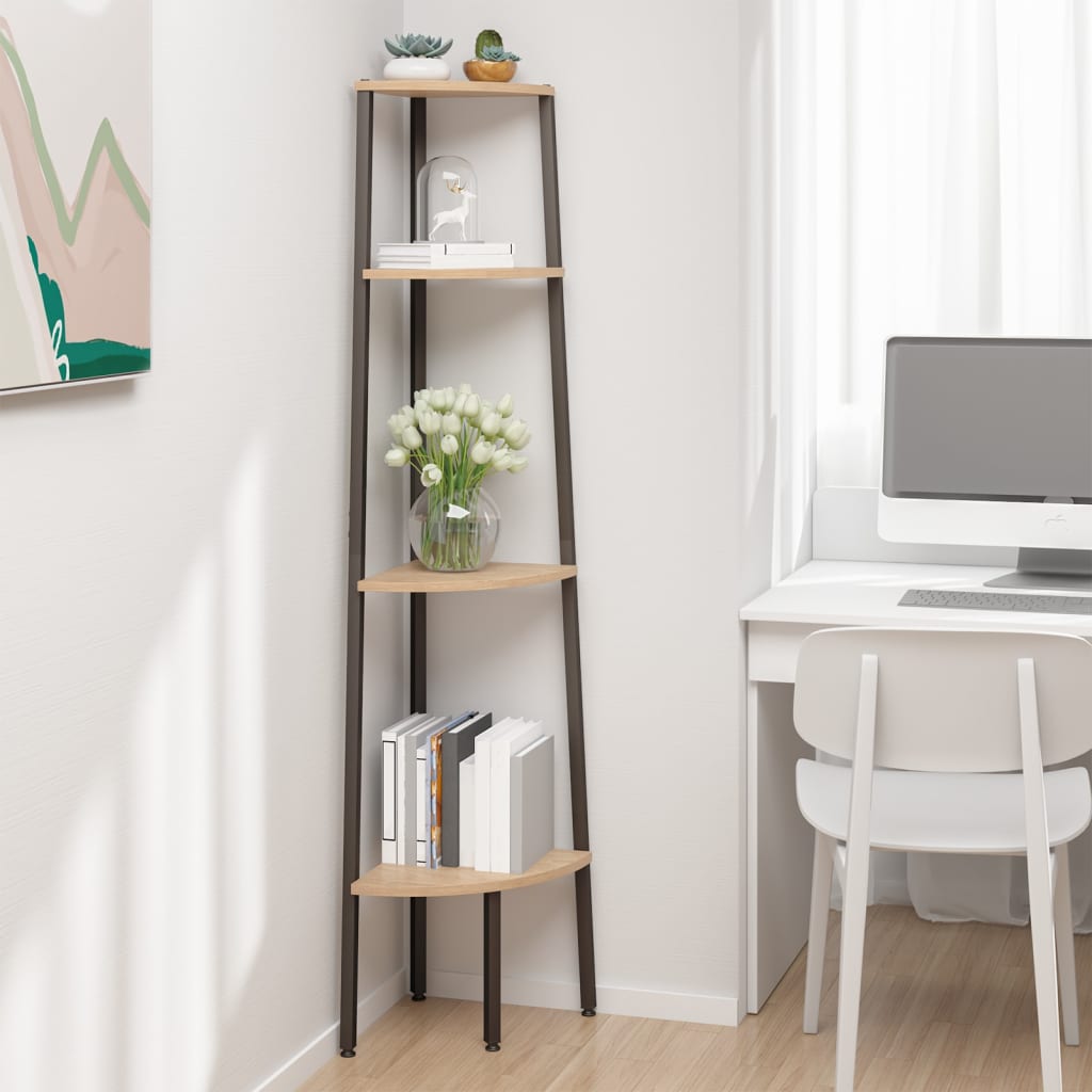 Hjørnehylde med 4 hylder lysebrun og sort 45,5x31,5x150 cm