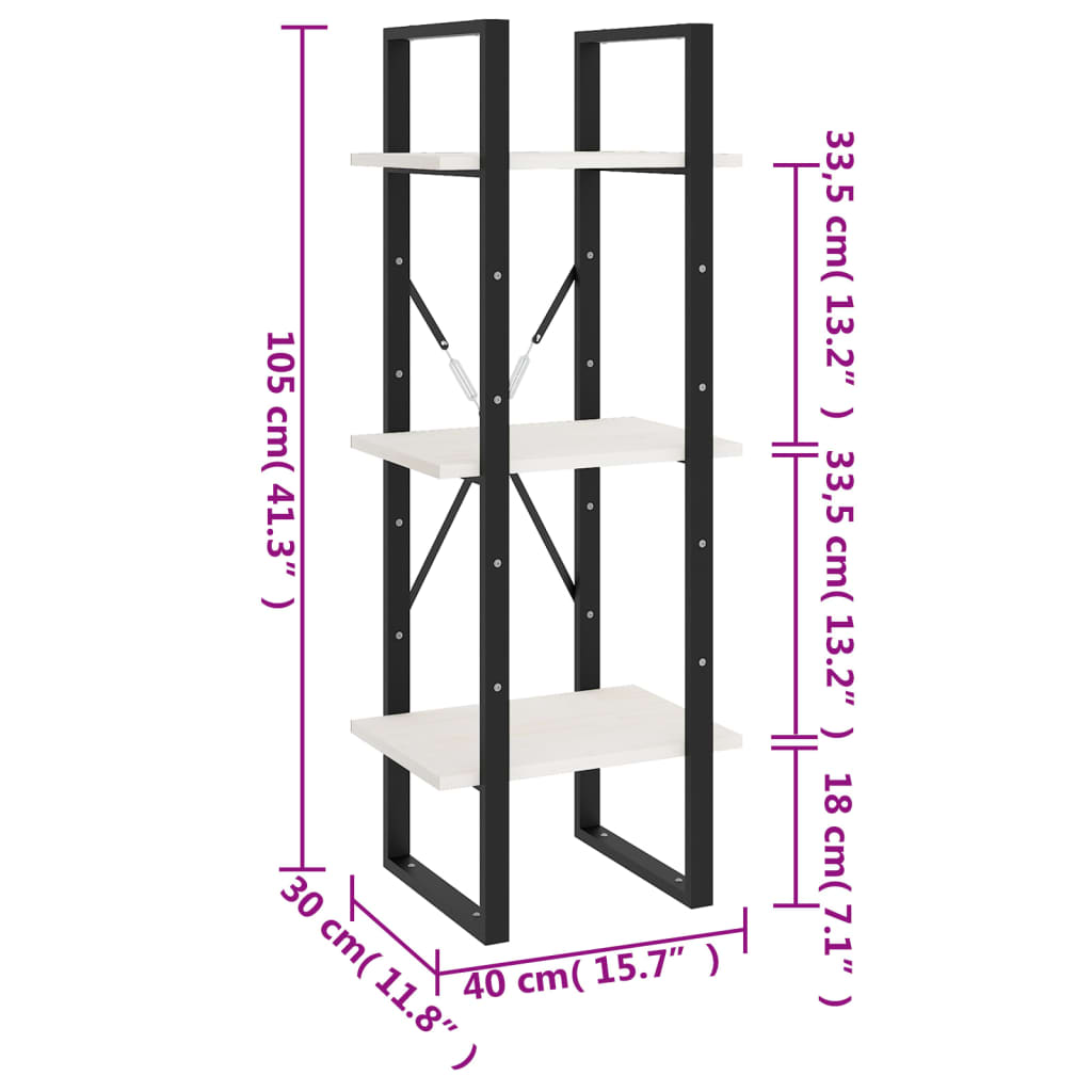 Reol 3 hylder Hvid 40x30x105 cm Massiv Fyr