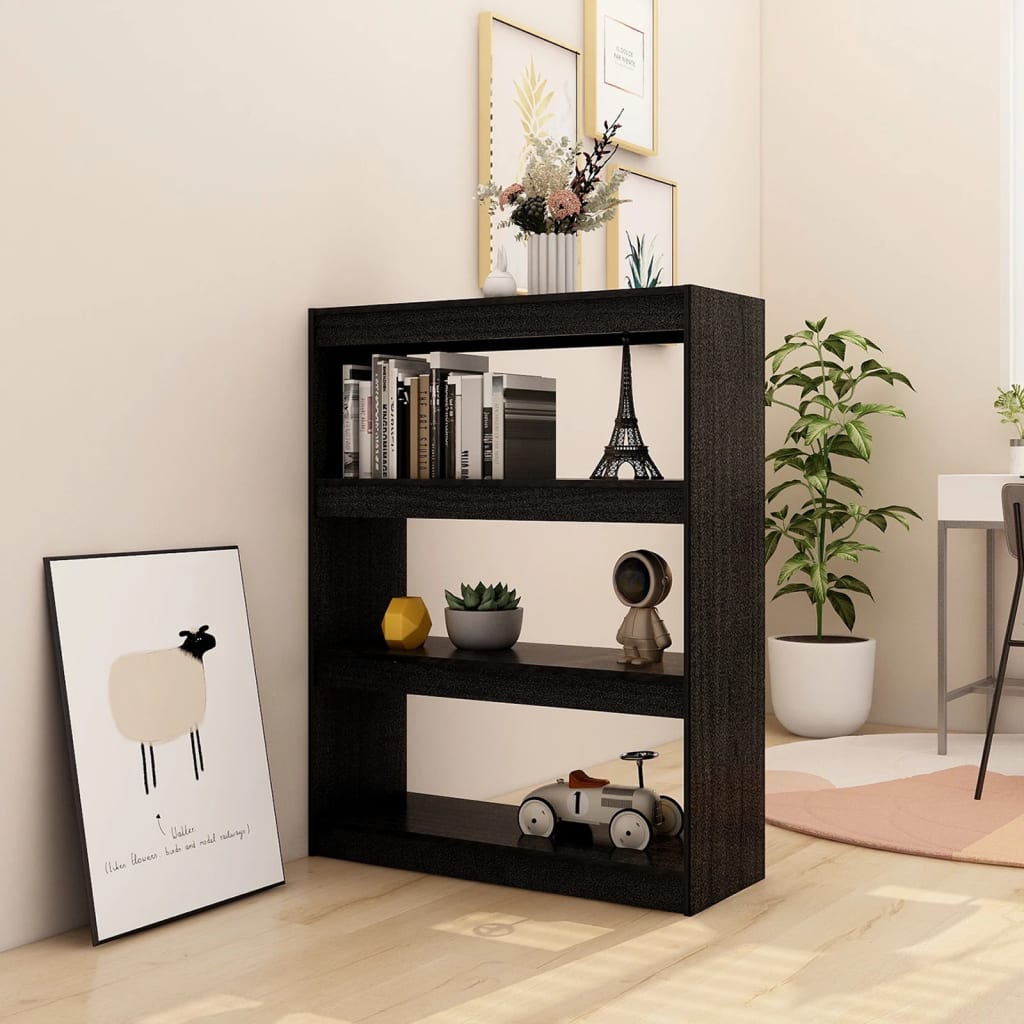 Bogreol/rumdeler Sort 100x30x103 cm Massiv fyrretræ