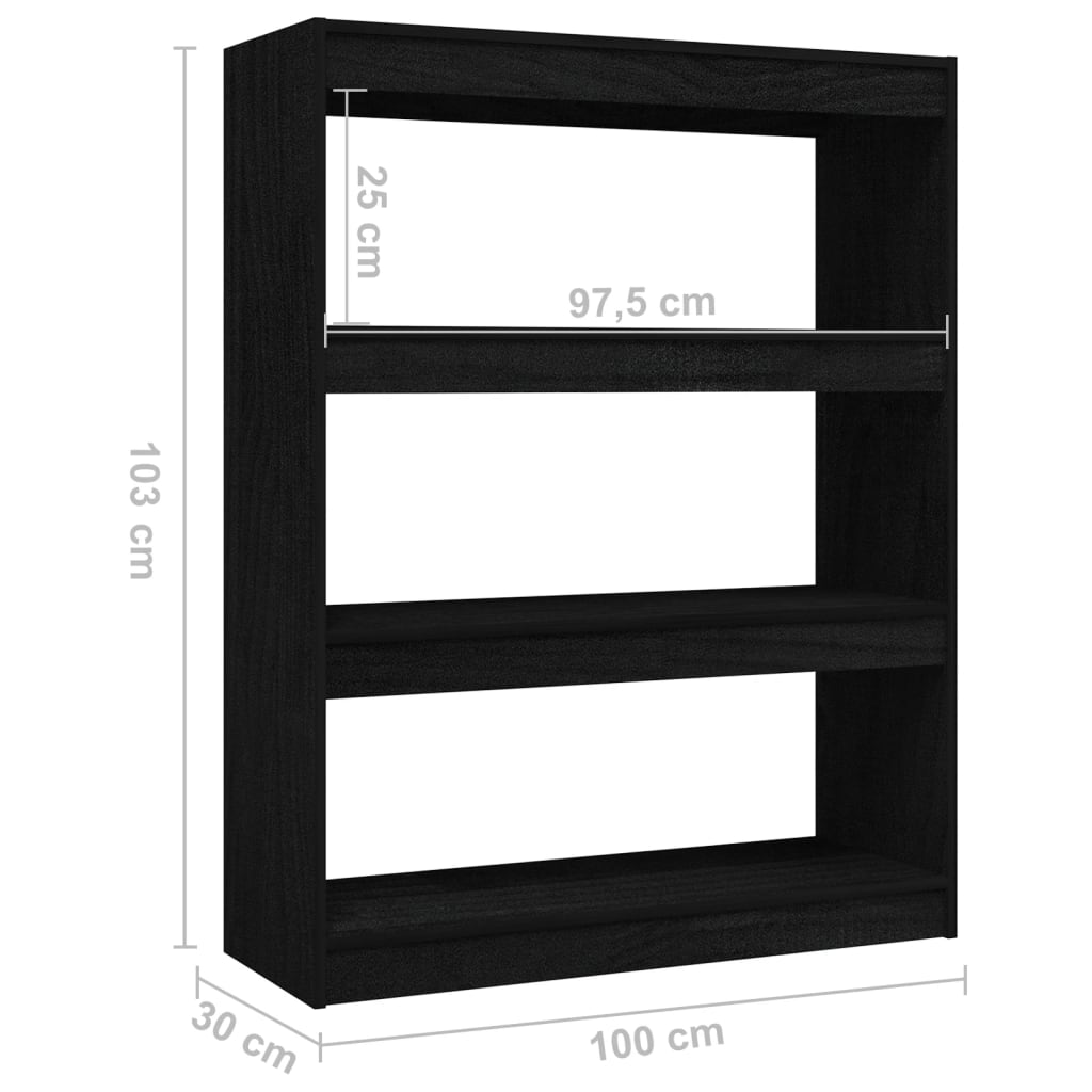 Bogreol/rumdeler Sort 100x30x103 cm Massiv fyrretræ