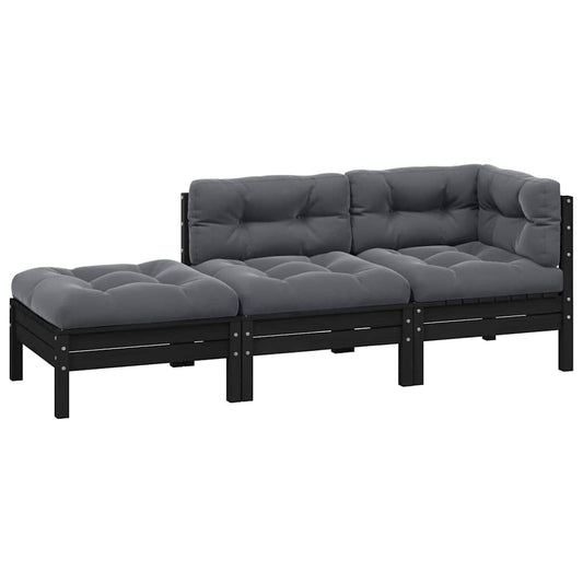 3-tlg. Garten-Lounge-Set mit Kissen Schwarz Kiefer Massivholz