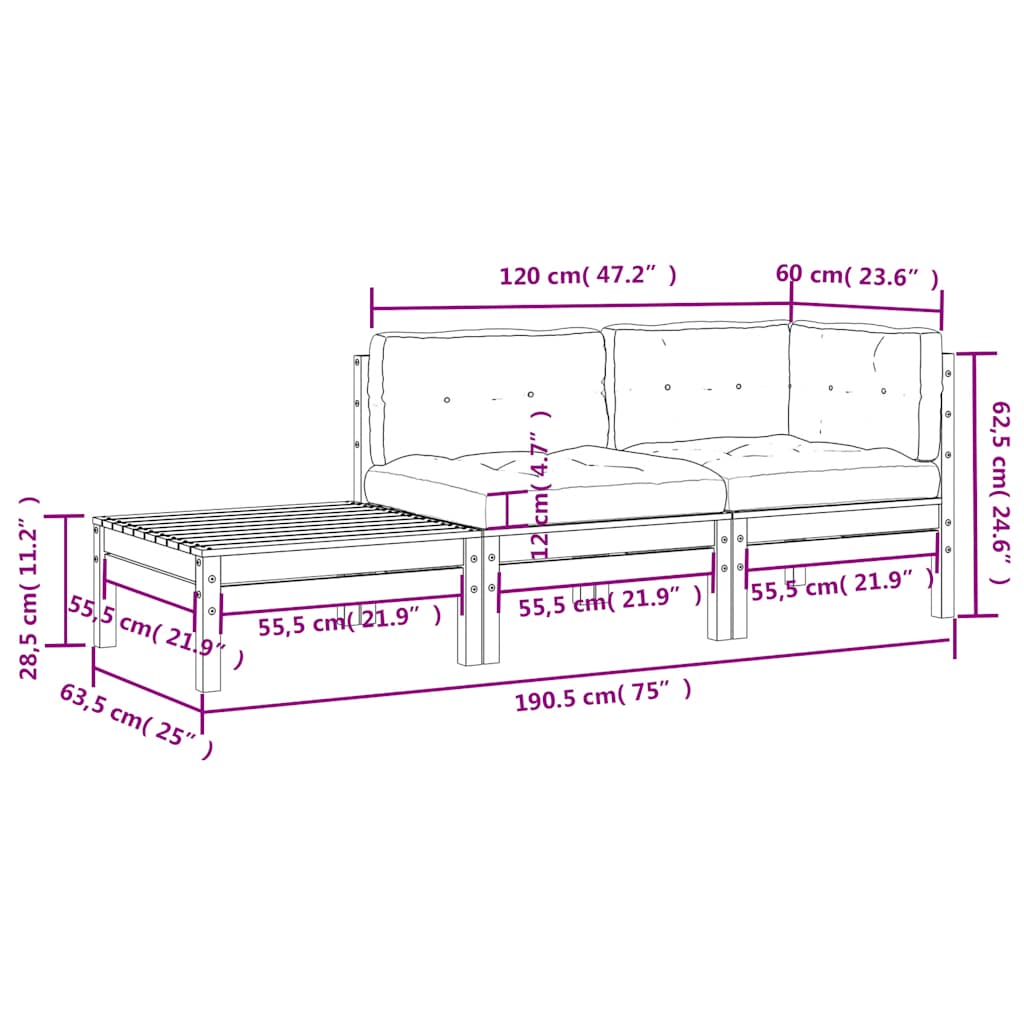 3-tlg. Garten-Lounge-Set mit Creme Kissen Massivholz Kiefer