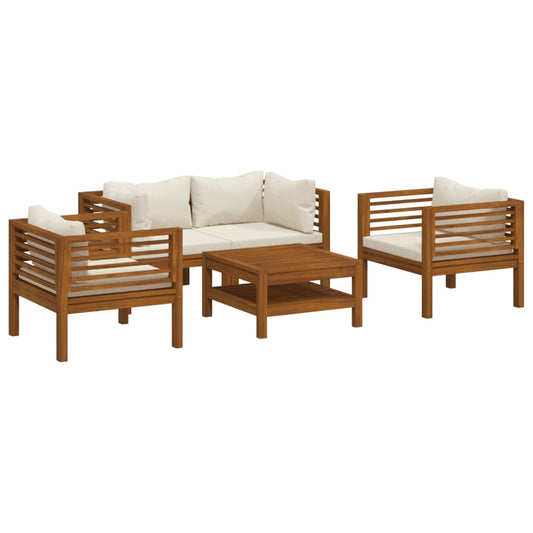 5-tlg. Garten-Lounge-Set mit Creme Kissen Massivholz Akazie