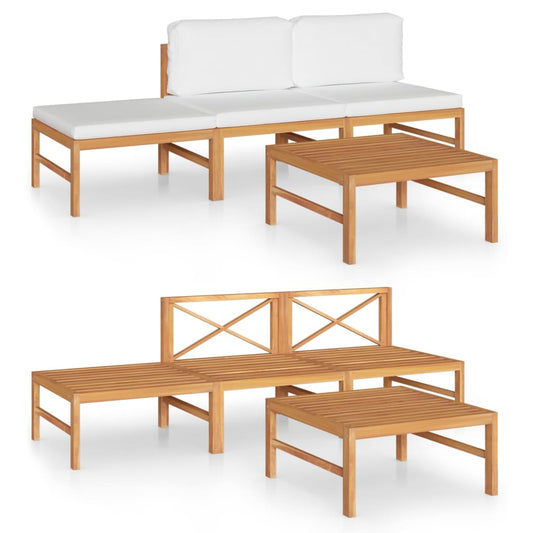 4-tlg. Garten-Lounge-Set mit Creme Kissen Massivholz Teak