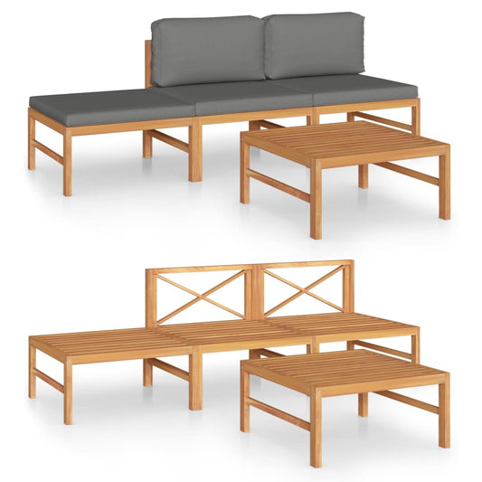 4-tlg. Garten-Lounge-Set mit Grauen Kissen Massivholz Teak