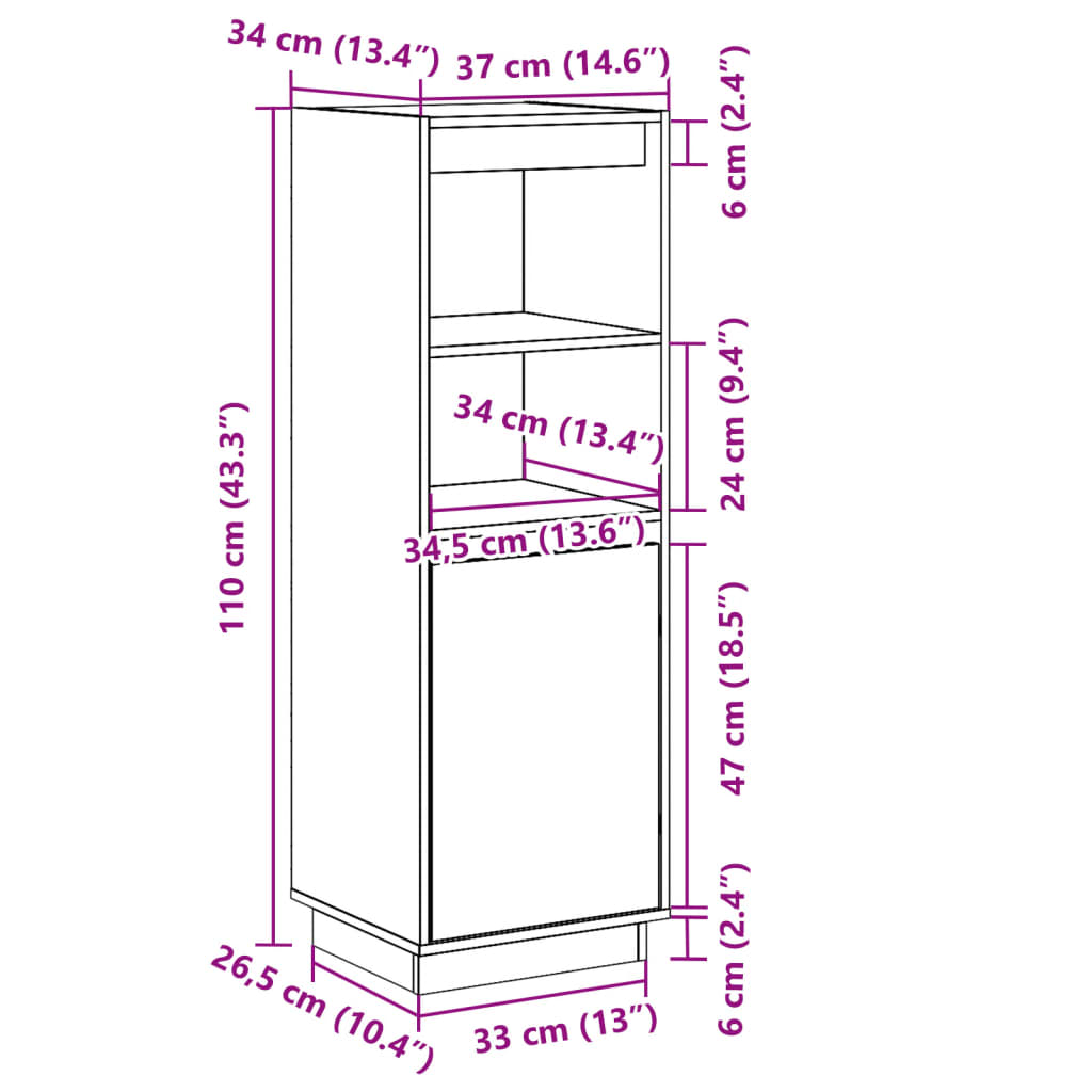 Highboard Grå 37x34x110 cm Massiv Fyr